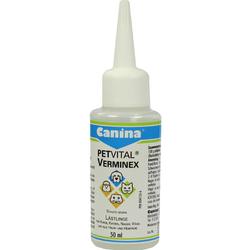 Flasche mit Tierpflegeprodukt namens Petvital Verminex von Canina.